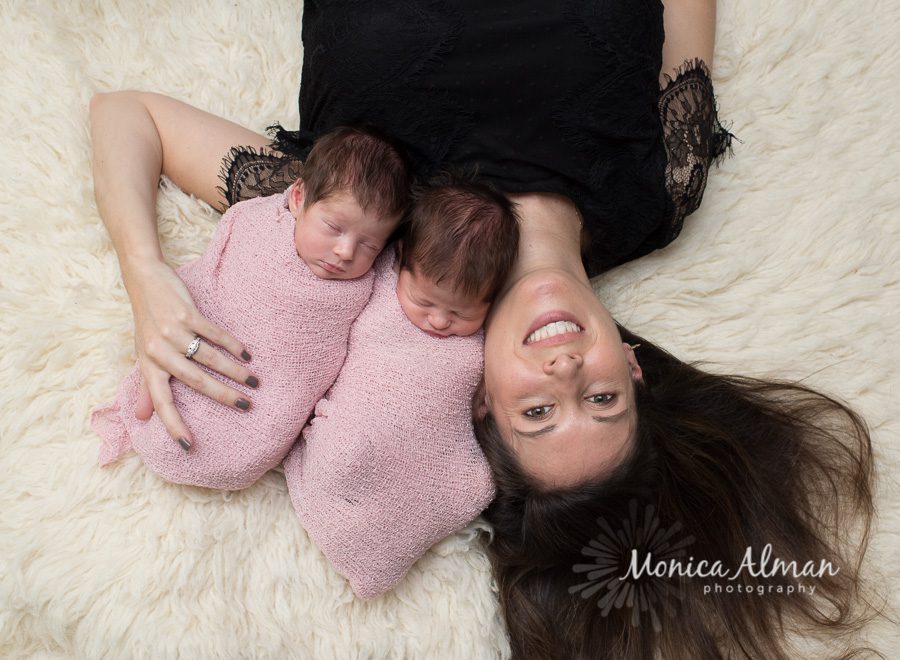 Twin Newborn Session Babies Laying With Mom Photo
