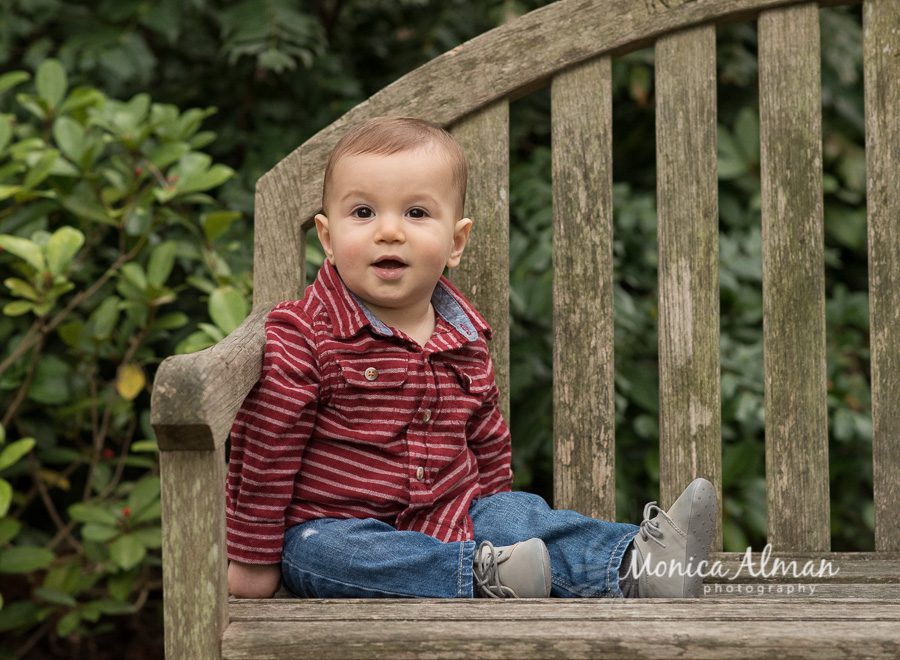 Nine Month Old Session baby sitting on bench photo