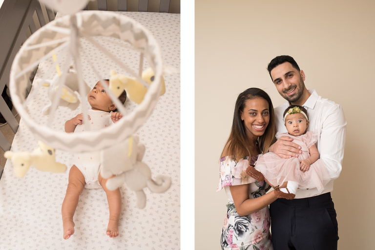 Two Month Old Baby Girl in Crib With Family Images