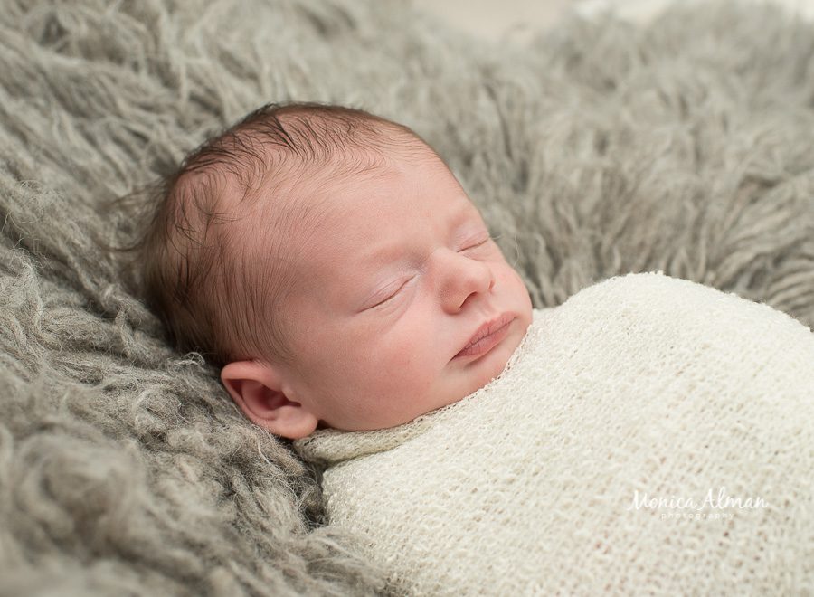 neutral portrait newborn session baby in a shaggy rug photo
