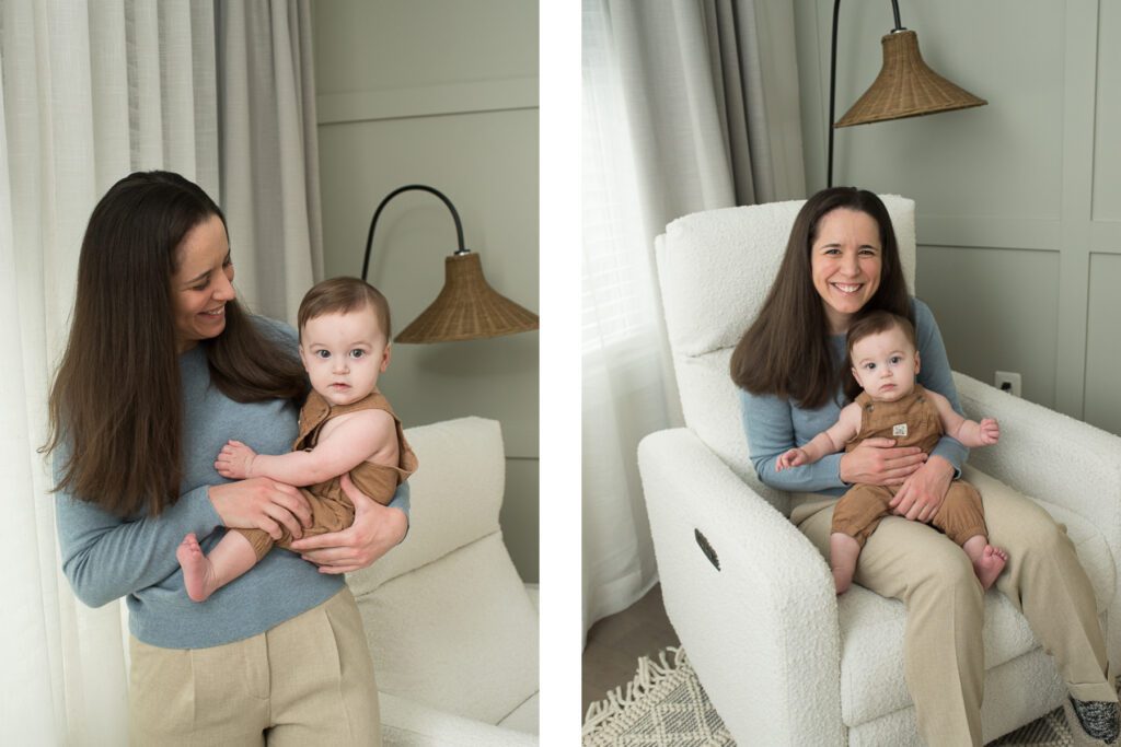 mom sitting in chair with 6 month old baby boy