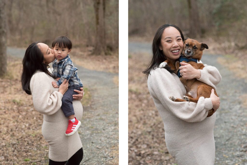 pregnant mom with her son and her dog photo