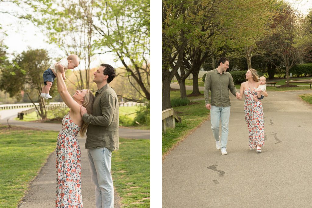 mom and dad walking and playing with their son
